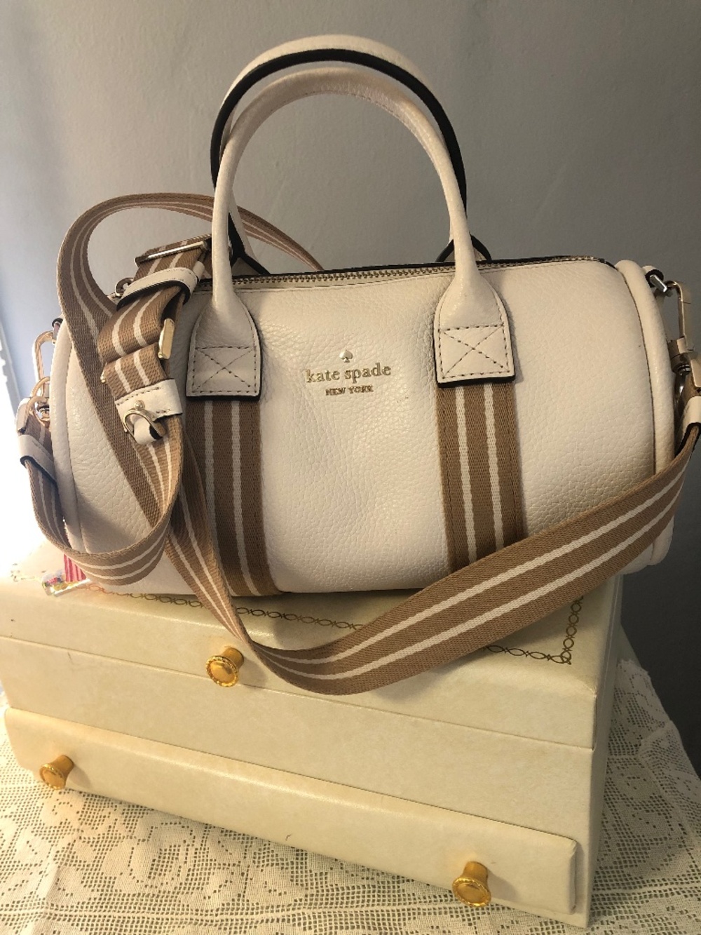 Kate Spade NY Pebbled Leather Rosie Duffel Crossbody Purse Cream